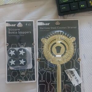 The Bar Black Silicone Bottle Stoppers and Gold Cocktail Strainer